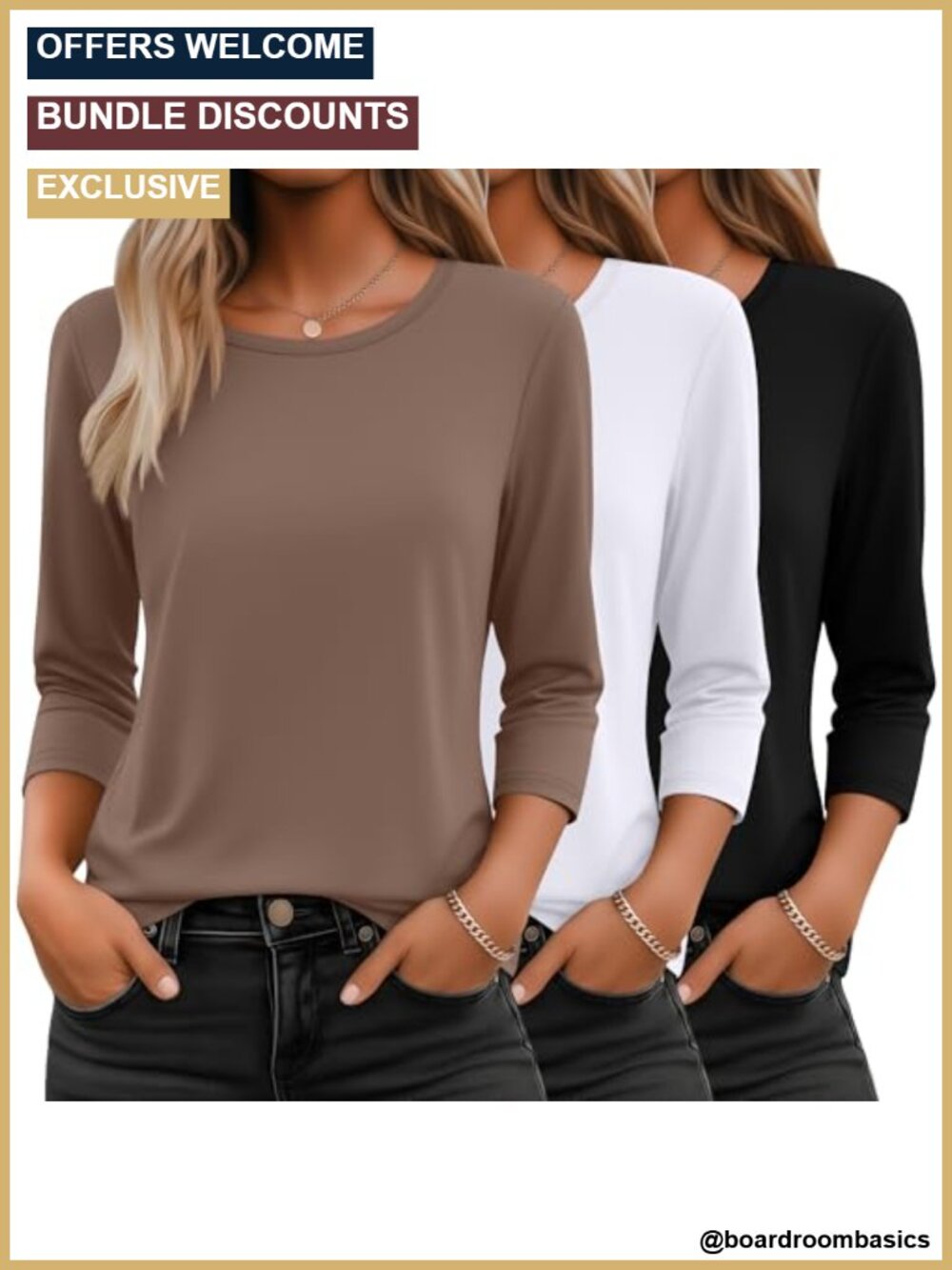 Women's 3/4 Sleeve Crewneck T-Shirts 3 Pack Loose Fit Basic Tees